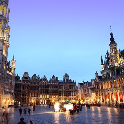 beautiful illuminated grote markt of brussels in the evening