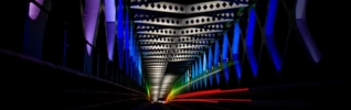 Old bridge ceremoniously lightened during "White night", contemporary art festival of lights. Bratislava